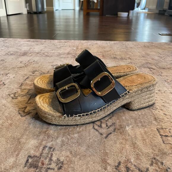 J. Crew Black Leather Double Strap Block Heel Espadrilles SZ 8 Made in Spain - Picture 3 of 15